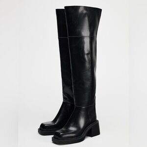 Zara Women’s 6 Extra Long Square Toe Black Boots Thigh High Over The Knee Combat